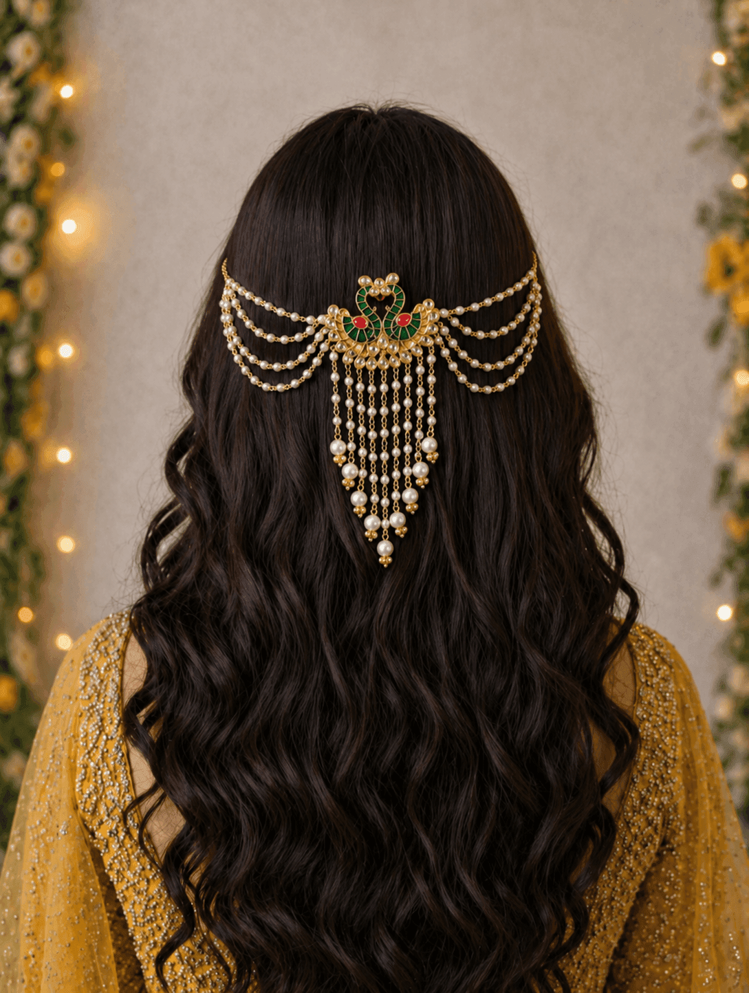 Peacock Kundan Hair Accessory in Green and Pink