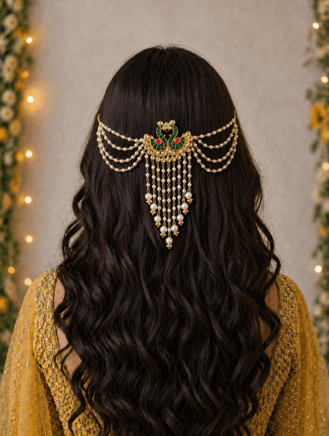 Peacock Kundan Hair Accessory in Green and Pink