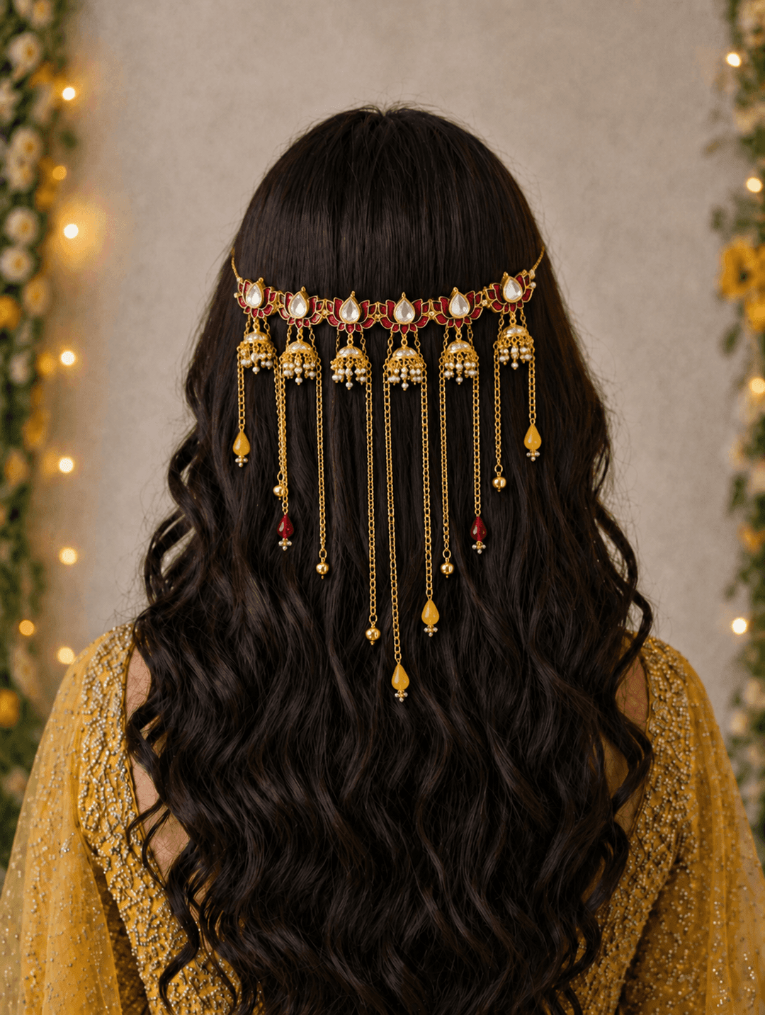 Maroon Lotus Kundan Hair Accessory with Pearls