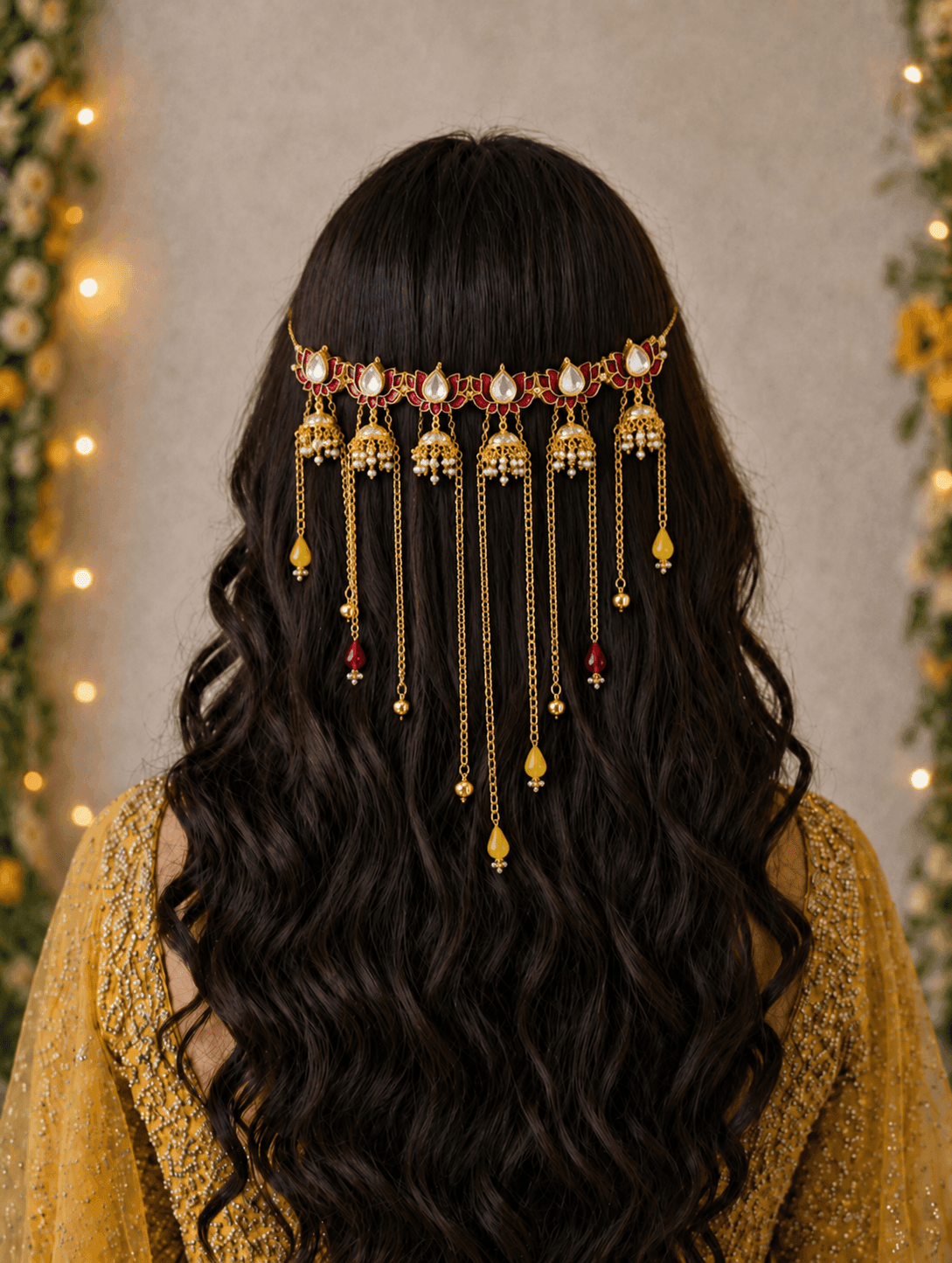 Maroon Lotus Kundan Hair Accessory with Pearls