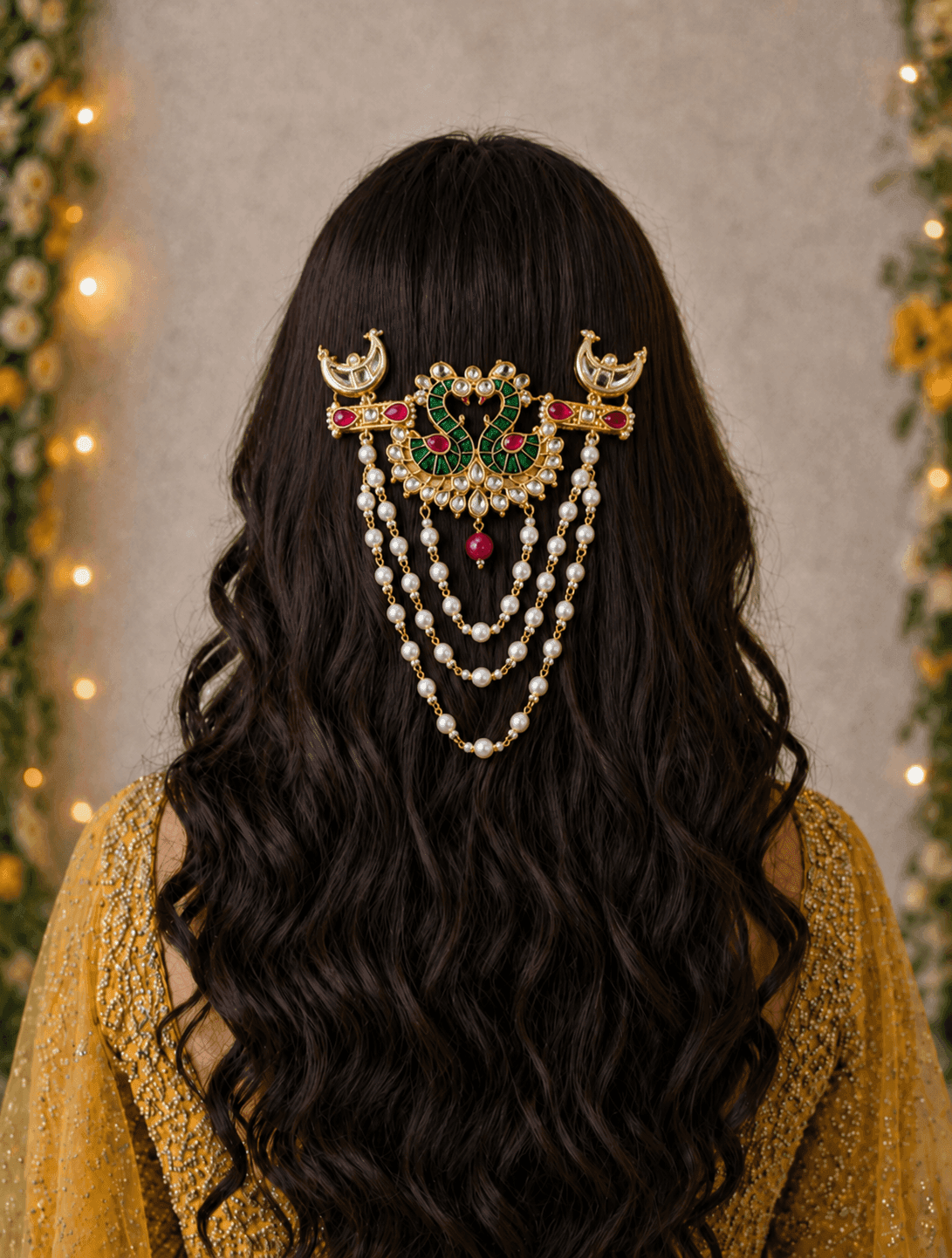 Green Peacock Kundan Hair Accessory for Weddings