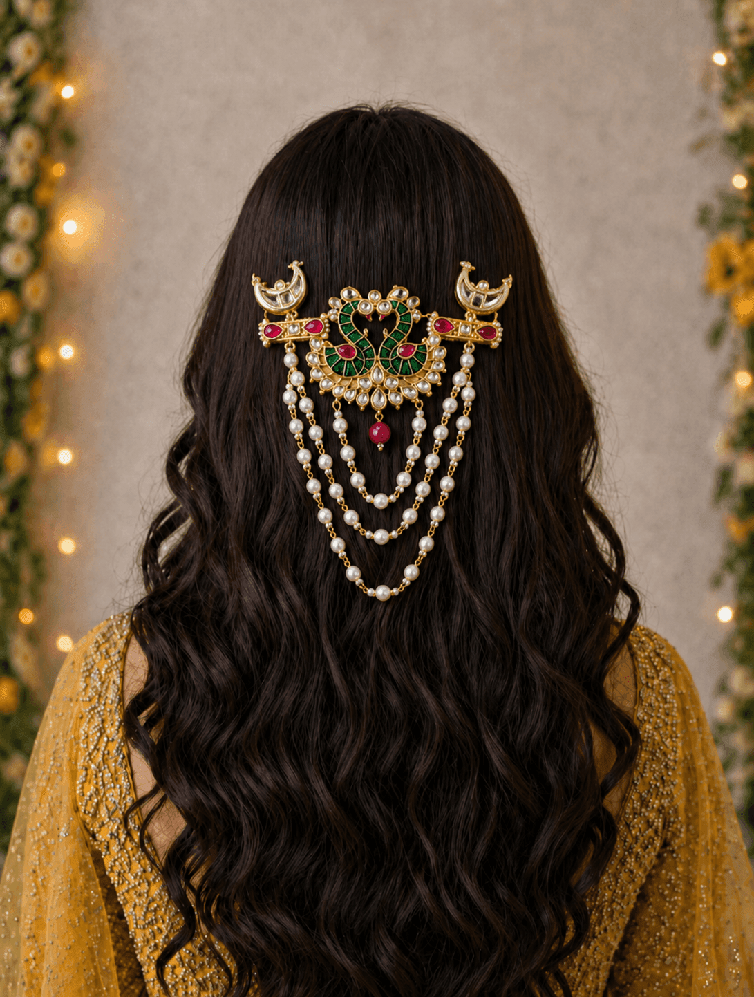 Green Peacock Kundan Hair Accessory for Weddings