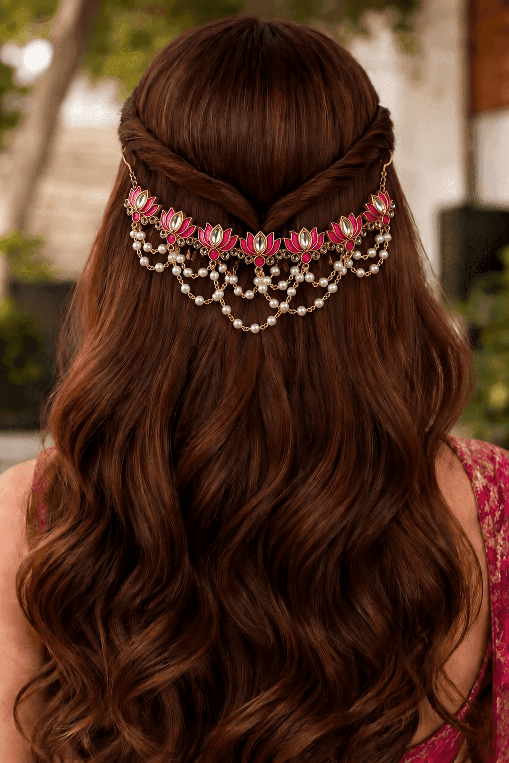 Pink Lotus Kundan Hair Accessory for Weddings