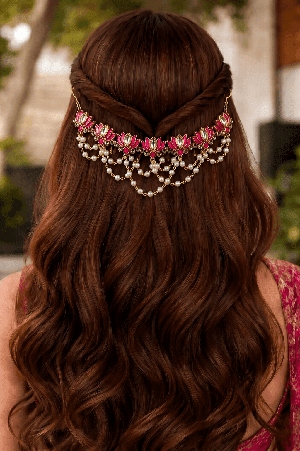 Pink Lotus Kundan Hair Accessory for Weddings