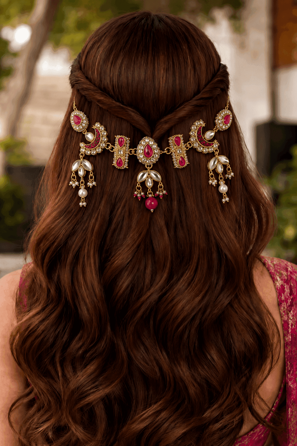 Maroon Pink Kundan Pearl Bridal Hair Accessory