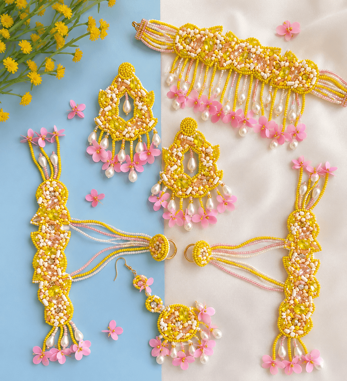 Yellow-Pink Handmade Beaded Floral Bridal Haldi-Mehndi Jewellery Set