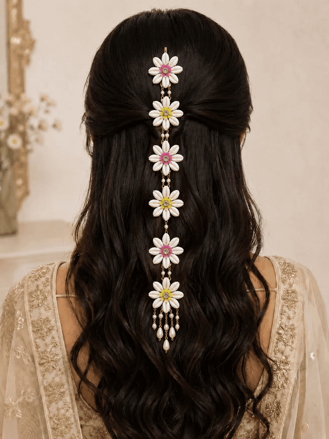 Handmade Yellow Pink Shell & Pearl Hair Accessories