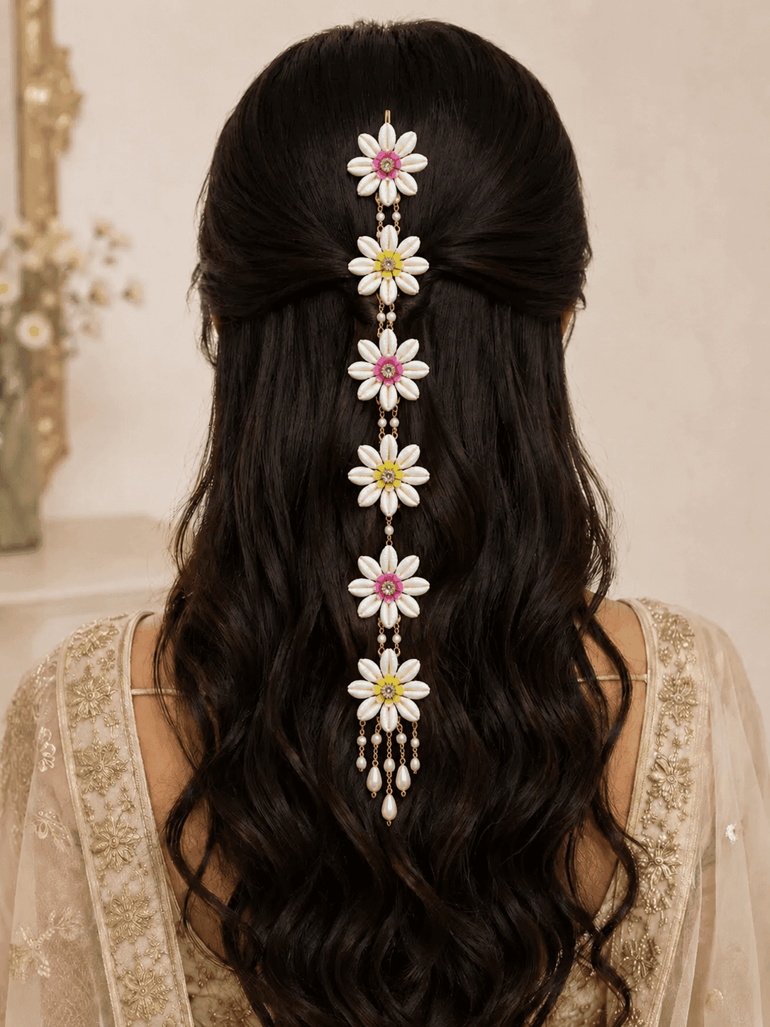 Handmade Yellow Pink Shell & Pearl Hair Accessories