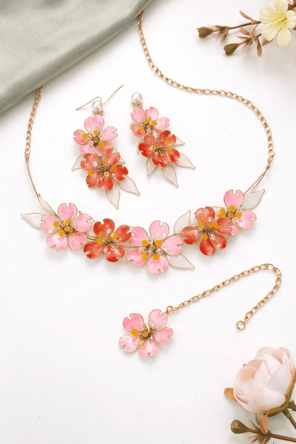 Pink & Orange Floral Resin Haldi Jewellery Set for Women