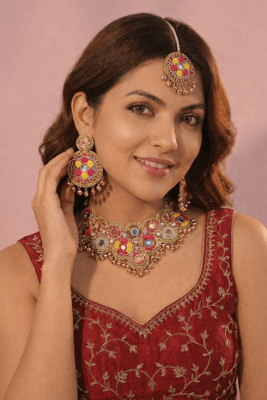 Floral Green-Yellow-PInk Bridal Jewellery Set for Haldi & Mehndi Ceremonies