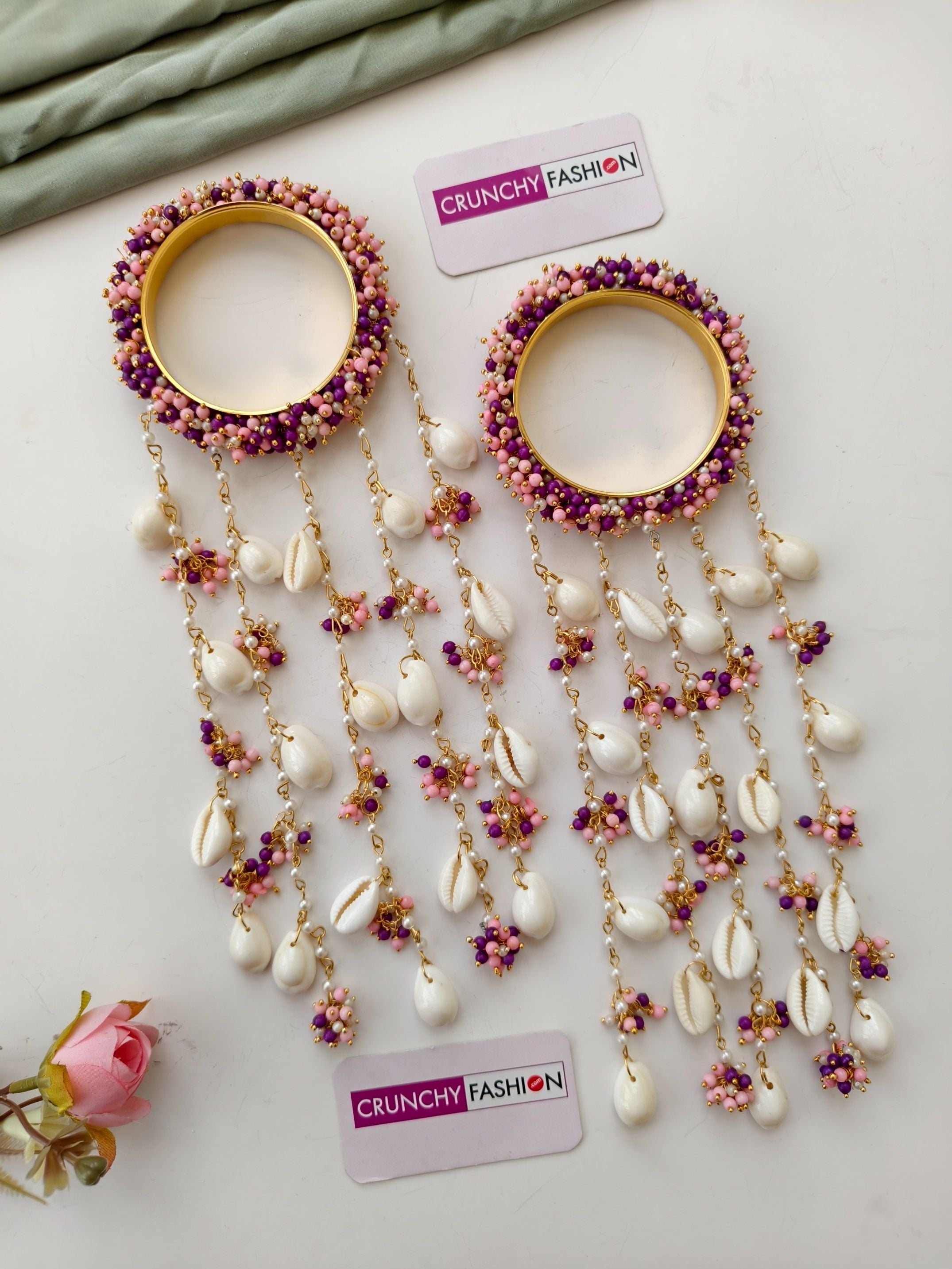 Dainty Floral Handmade Bridal Kaleere: Baby Pink Pearls & Sea Shells