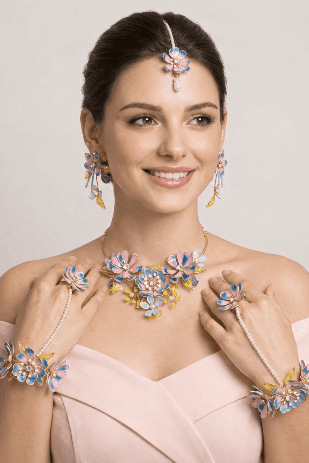 Handcrafted Blue & Pink Resin Flower Jewellery Set for Brides