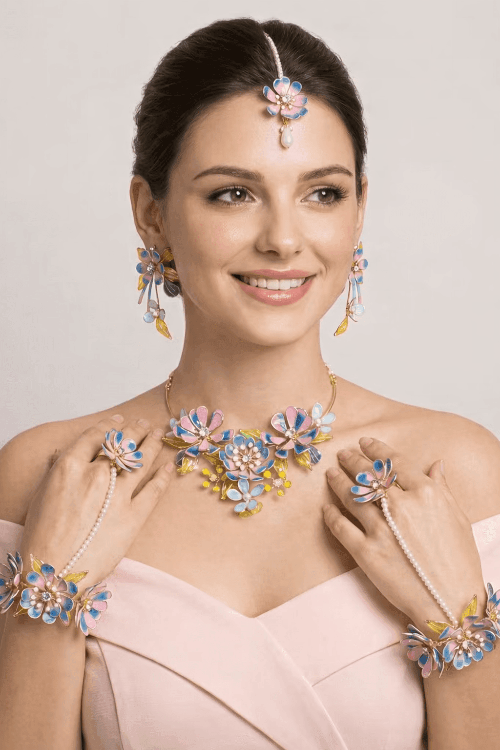 Handcrafted Blue & Pink Resin Flower Jewellery Set for Brides