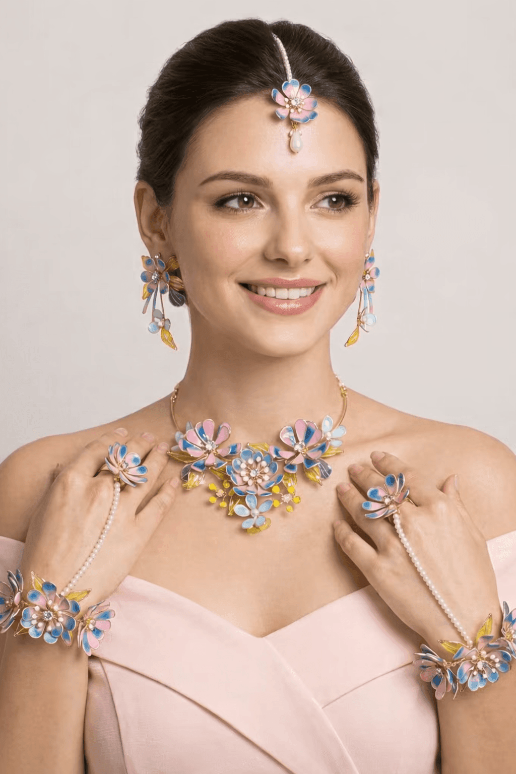 Handcrafted Blue & Pink Resin Flower Jewellery Set for Brides