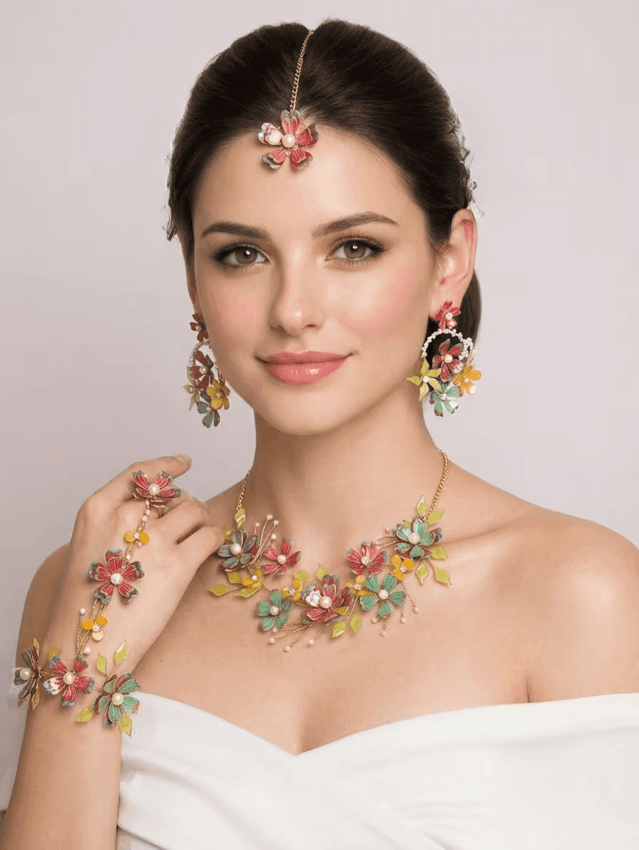 Handcrafted Floral Ensemble: Pink, Yellow, Sky-Blue Resin Bridal Set for Haldi & Mehndi Celebrations