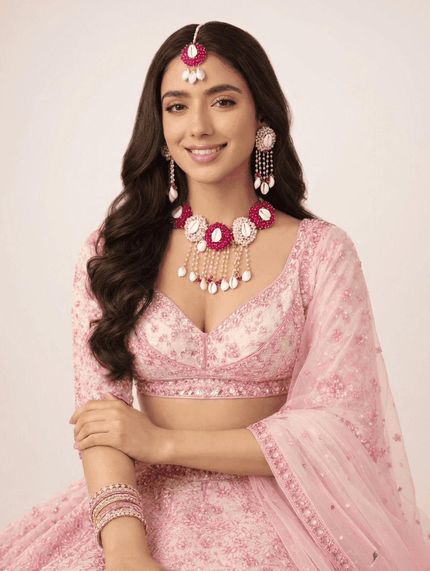 Pink-White Pearls Sea-Shell Jewellery Set