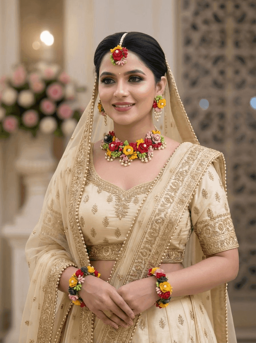 Multicolour Floral Haldi Jewellery Set for Women with Necklace, Tikka and Earrings