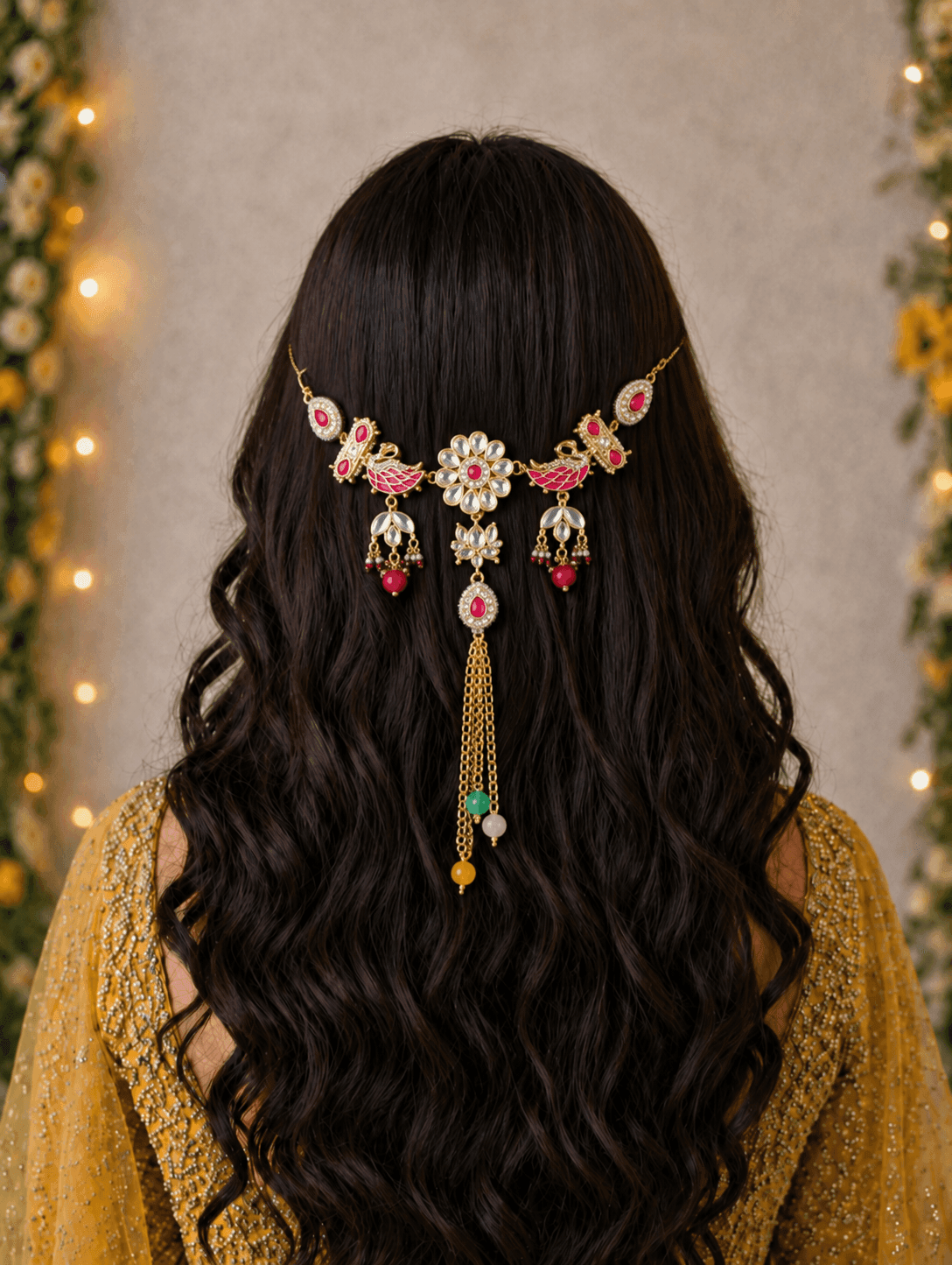 Pink Floral Kundan Hair Accessory & Pearl Jewellery