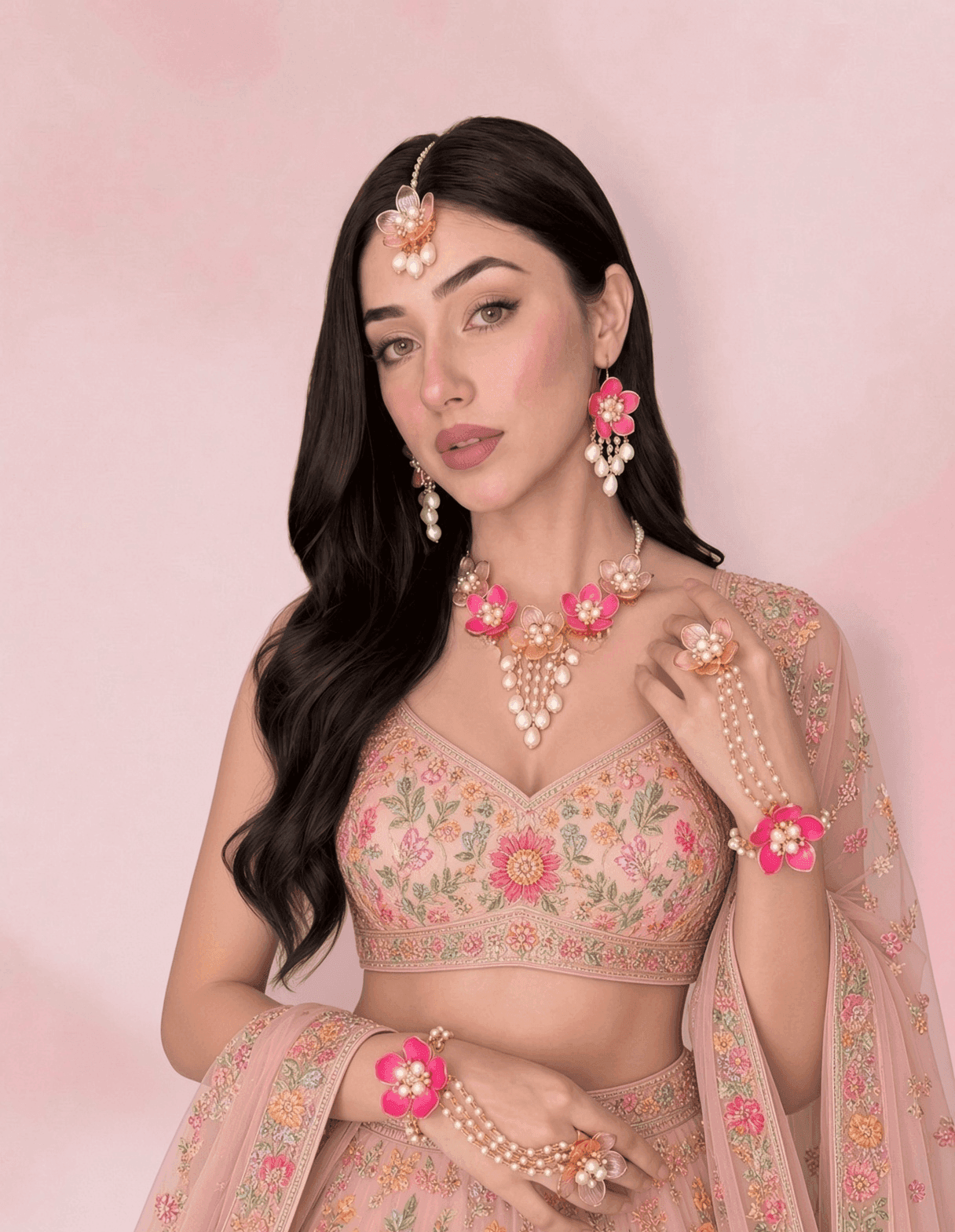 Elegantly Crafted Pink Floral Acrylic Jewelry for Haldi-Mehndi Events