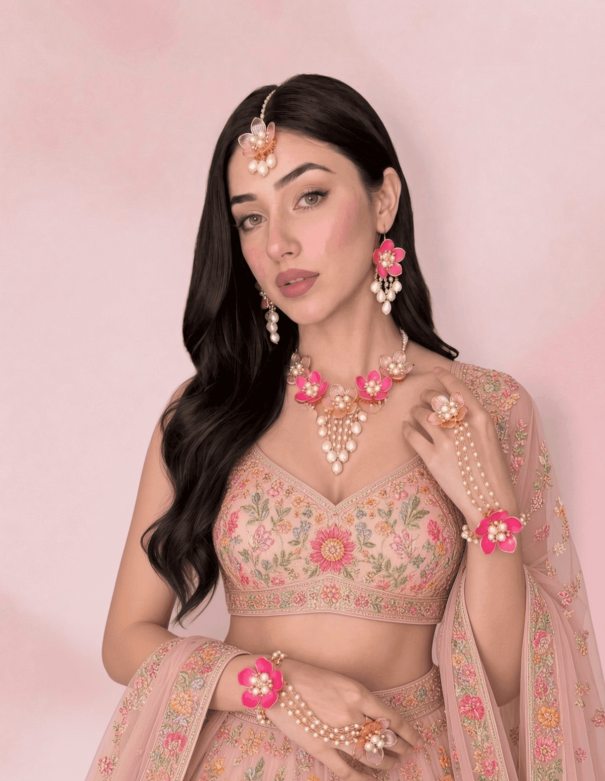 Elegantly Crafted Pink Floral Acrylic Jewelry for Haldi-Mehndi Events