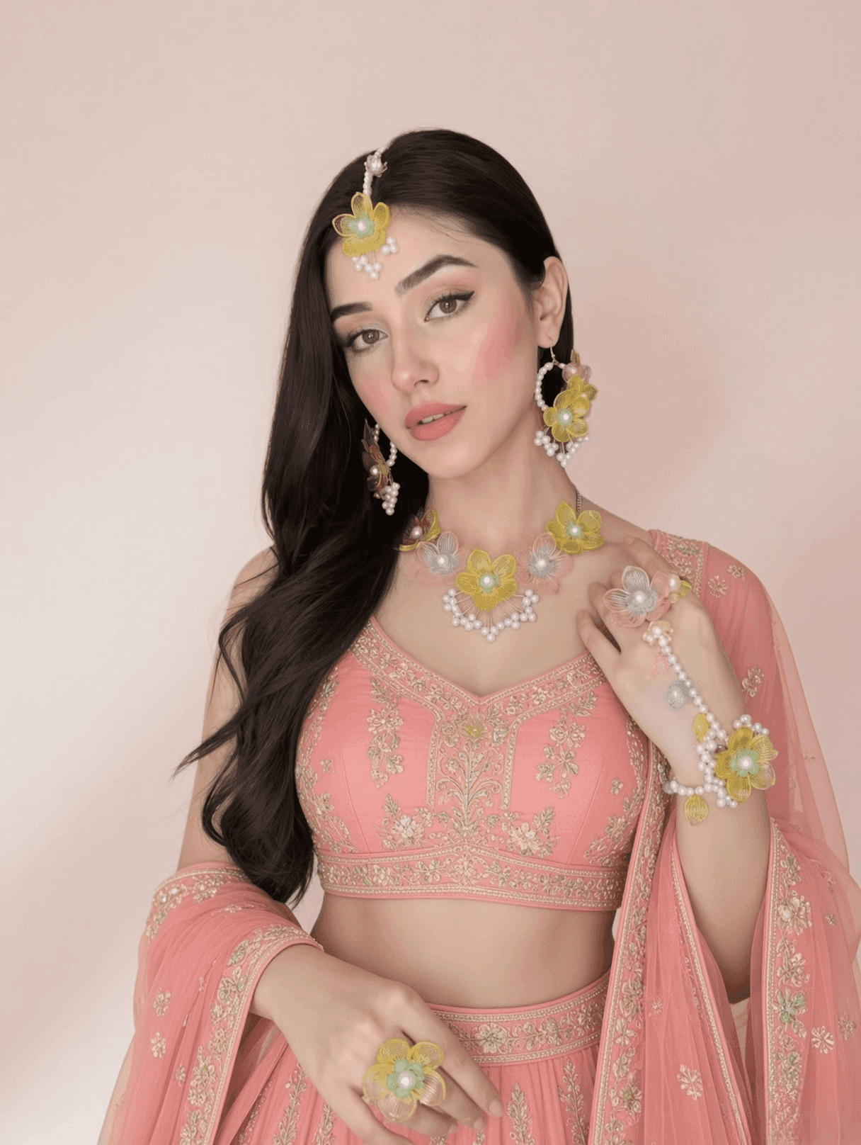 Handmade Carnival of Flowers: Pink-Yellow Floral Resin Jewellery Set For Brides