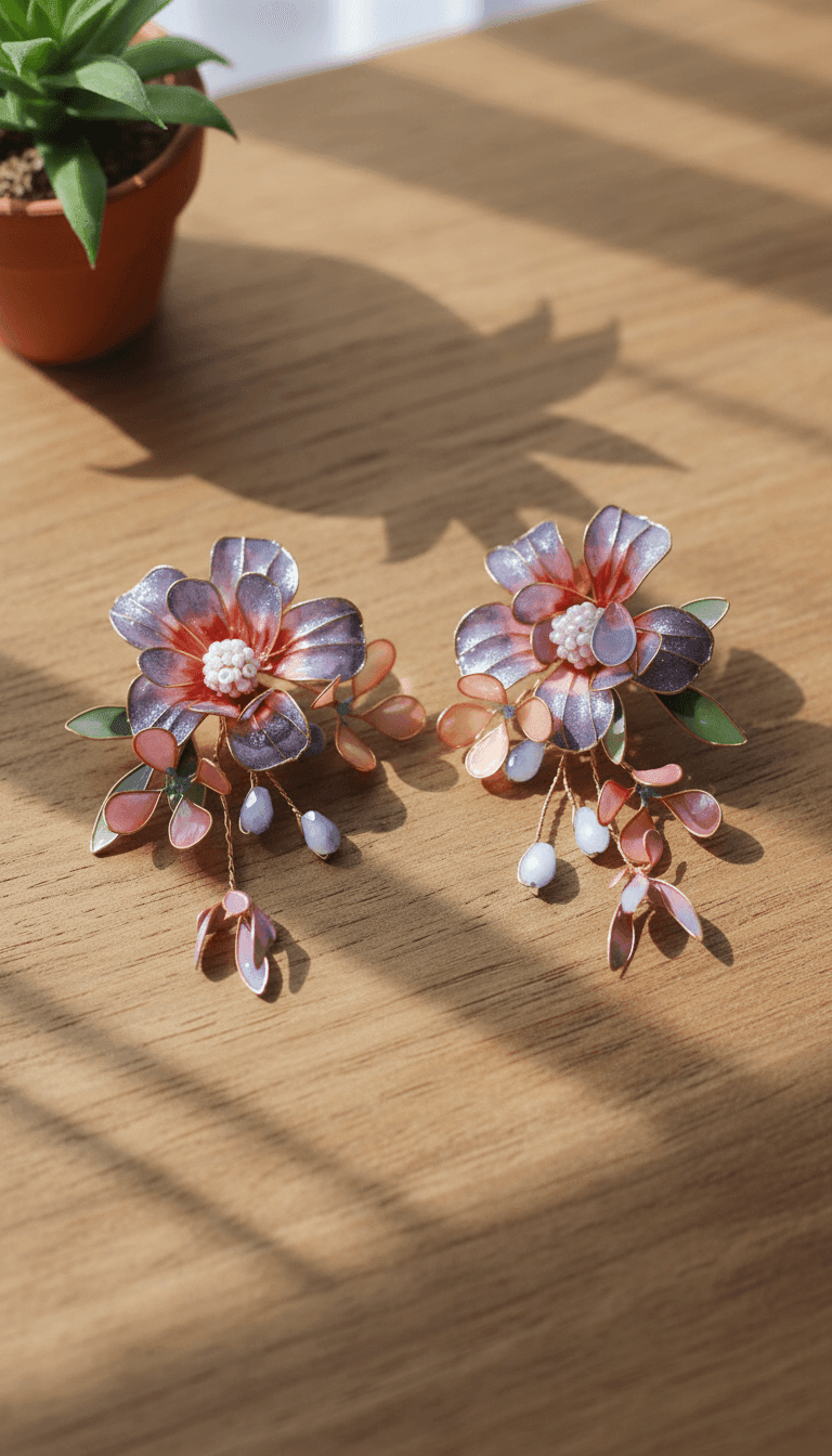 Handcrafted Purple Blossom Resin Earrings for Wedding Wear