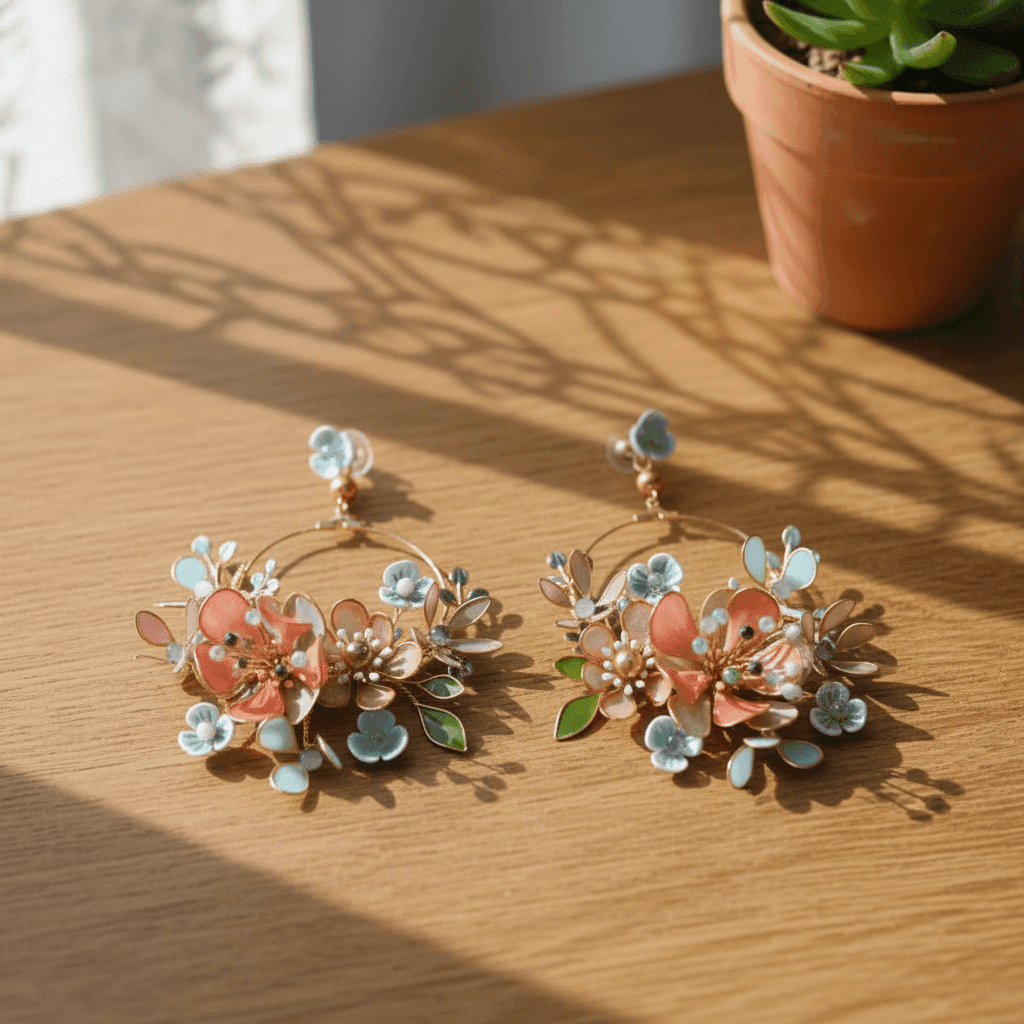 Peach & Blue Floral Resin Earrings with Pearl Details for Women