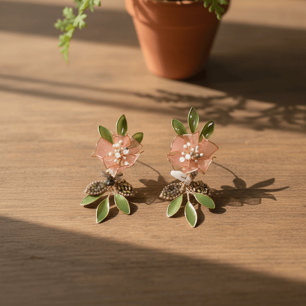 Peach Floral Resin Earrings with Green Leaf Accents for Women