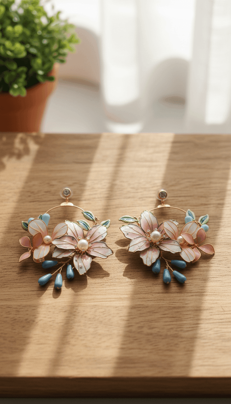White & Blue Floral Resin Hoop Earrings with Pearl Accents