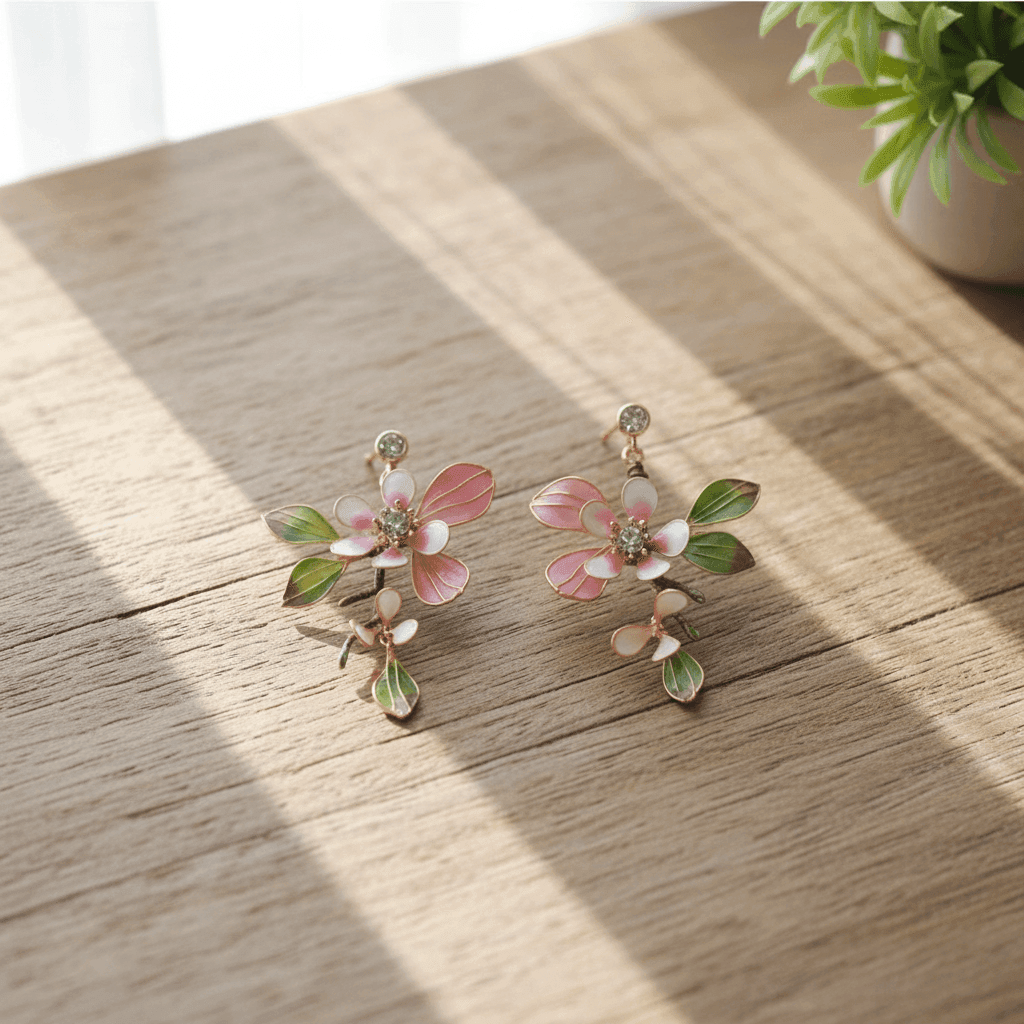 Blush Pink Floral Resin Earrings with Pearl & Leaf Accents
