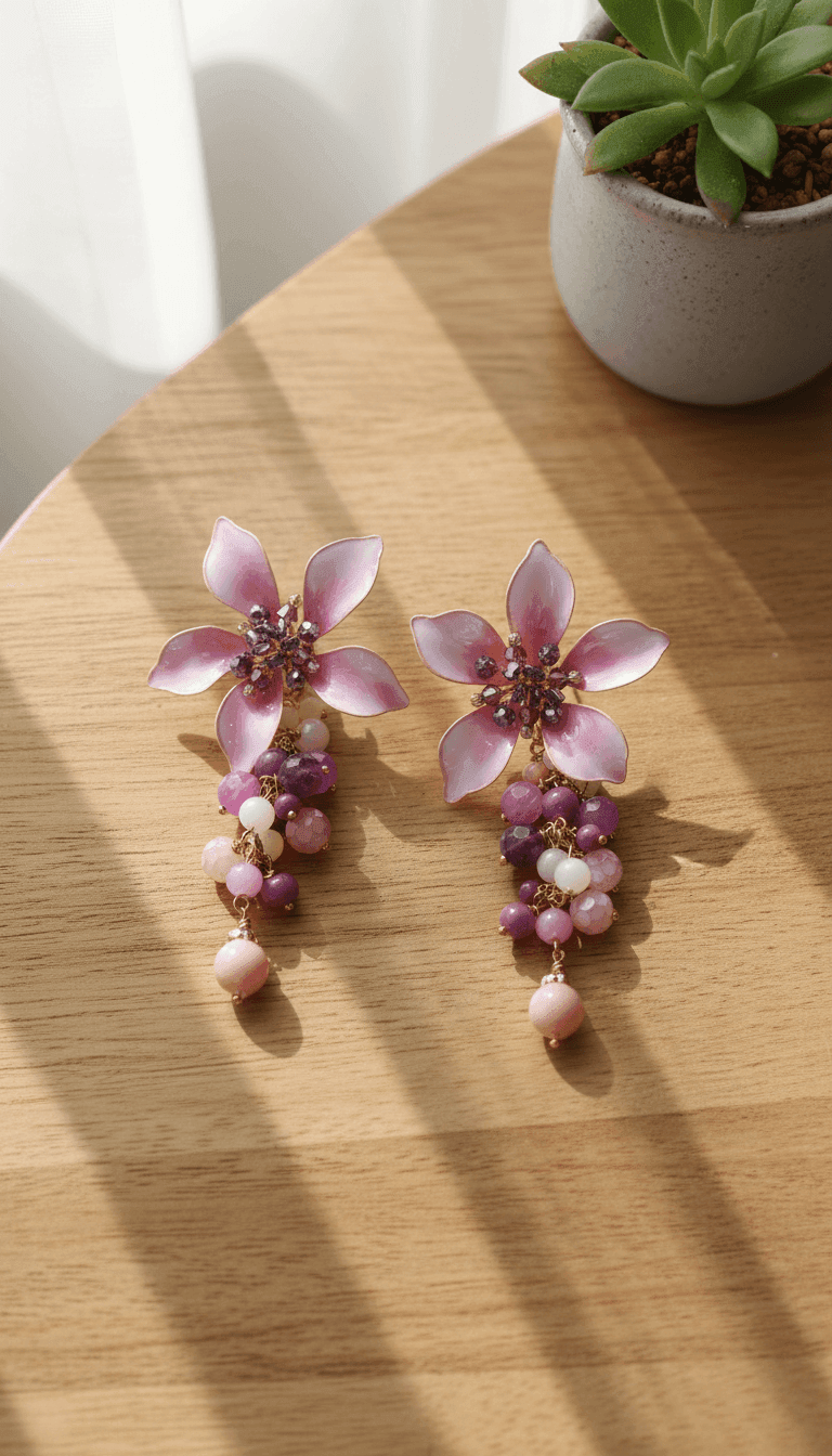 Pink Floral Resin Earrings with Beaded Drops for Women | Handmade Jewellery