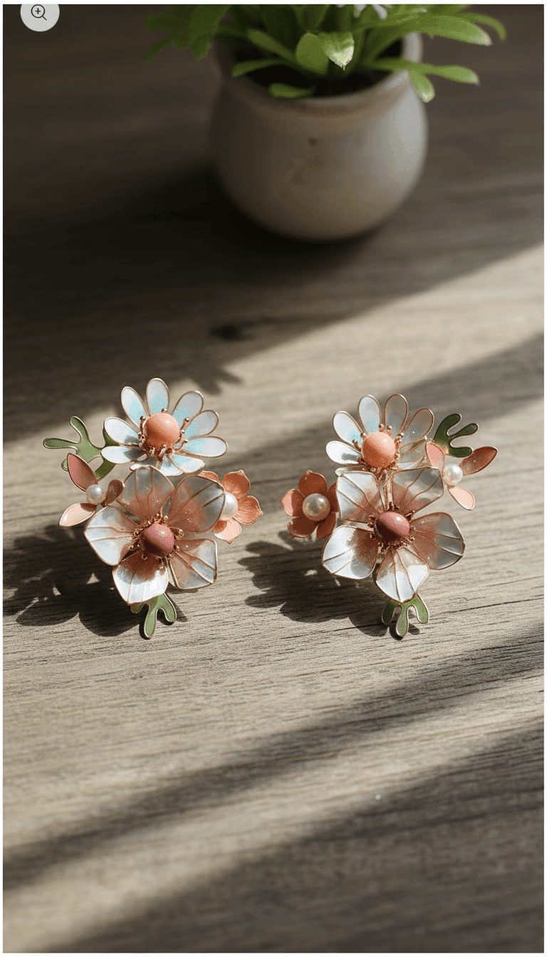 Blush Pearl Resin Floral Earrings with Copper Detailing