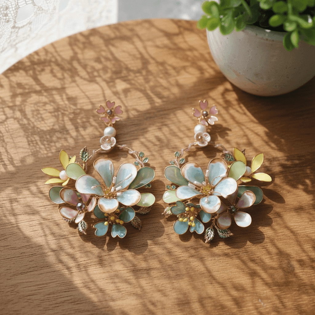 Pastel Floral Resin & Copper Earrings with Pearl Details for Women