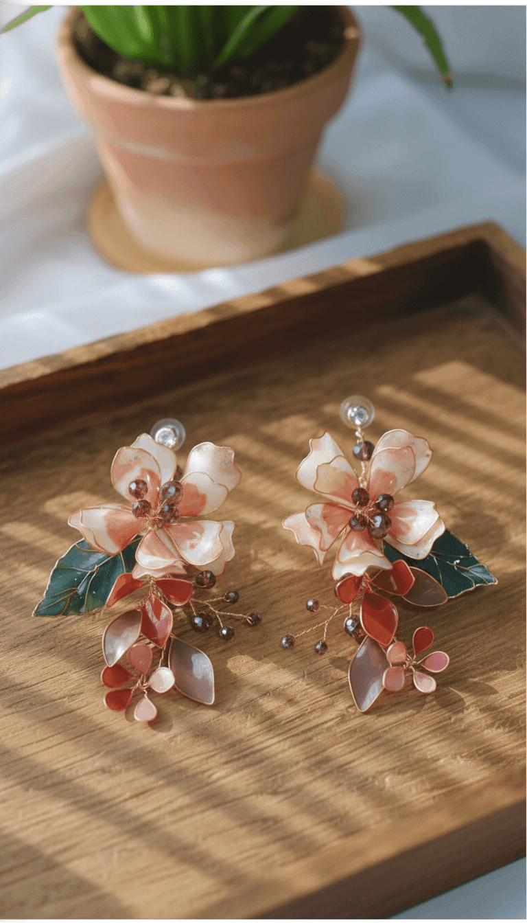 Peach Blossom Resin Earrings with Copper Leaf Detailing