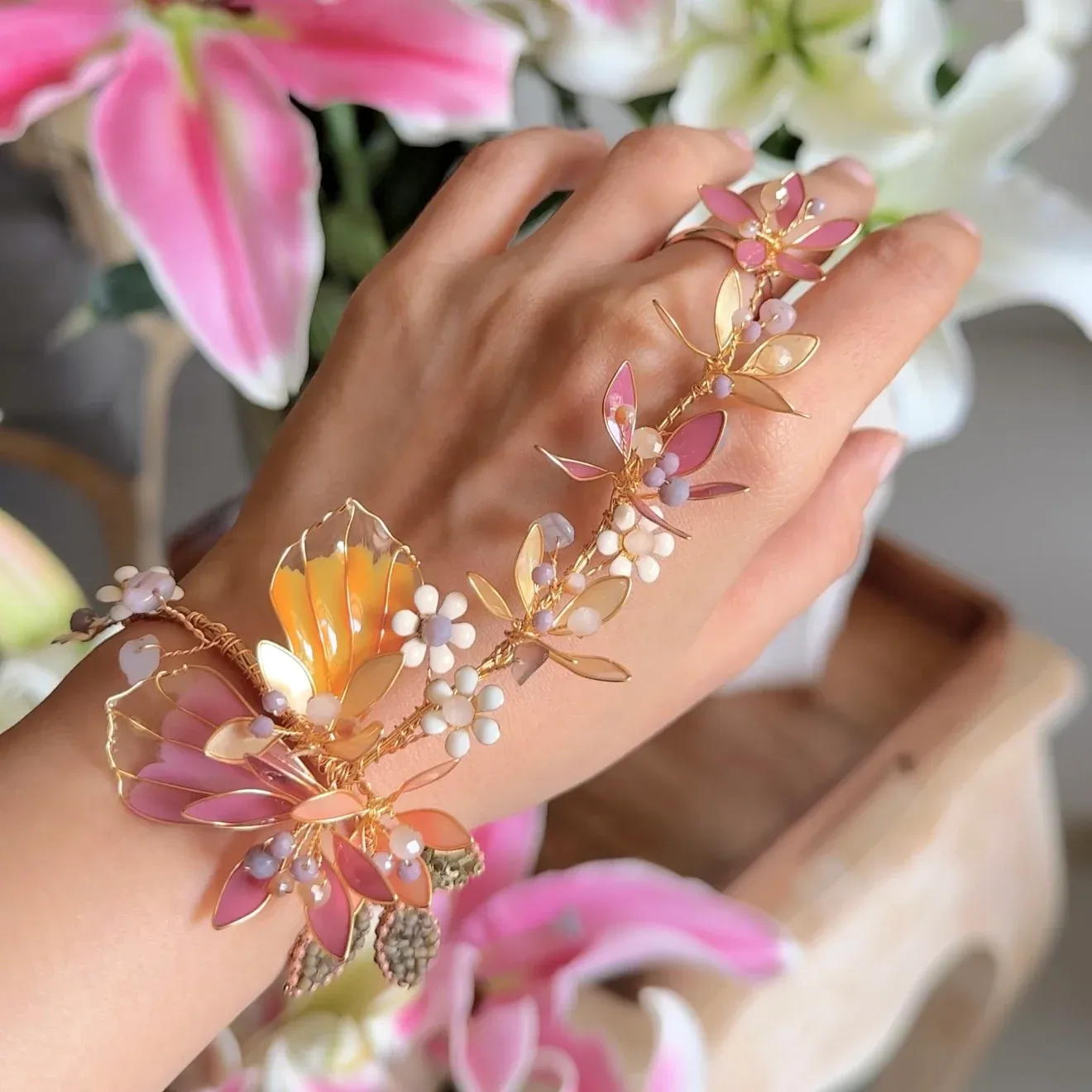 Resin Floral Adornment - Handmade Hathphool Hand Harness Jewellery