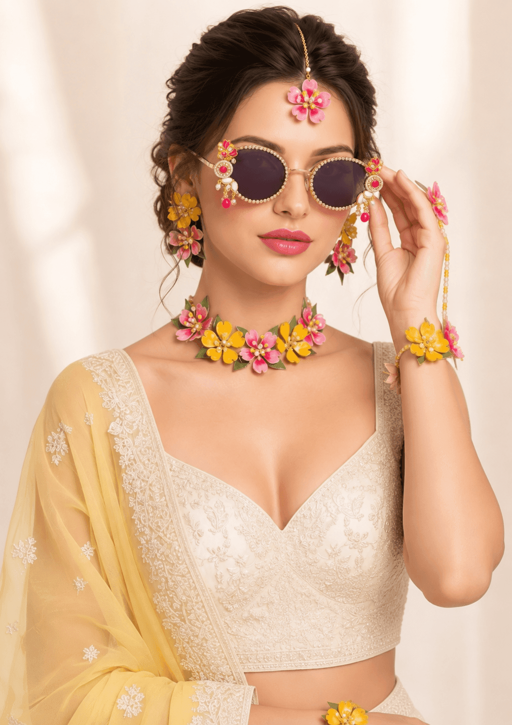 Floral Fantasy Resin Handmade Bridal Set Yellow-Pink Haldi & Mehndi