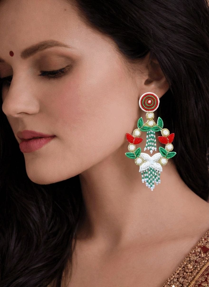 Red-Green Handmade Multicolor Beaded Party Earrings for Women & Girls