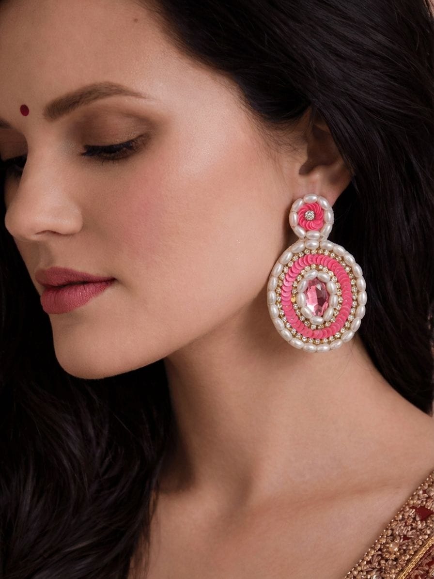 Pink & White Handmade Beaded Earrings - Indian Beaded Statement Dangler Earrings for WOmen