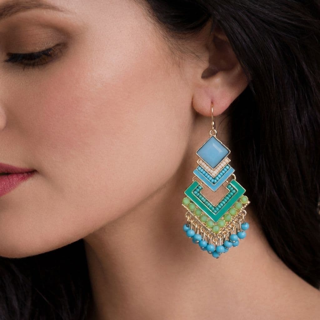 Aqua Blue-White Bohemian Geometric Beaded Earrings for Fashionable Women