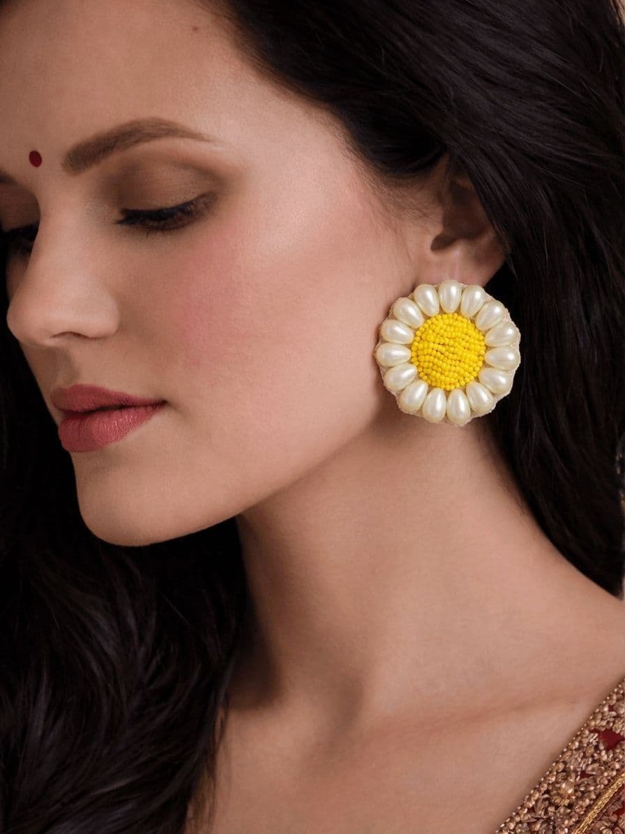 Handmade Sunflower Beaded Pearl Stud Earrings for Trendy Women & Girls