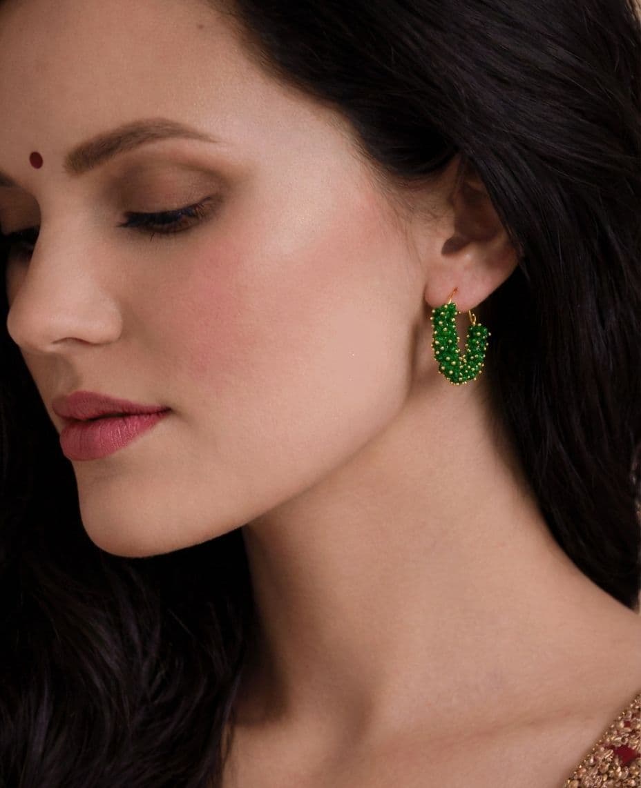 Green Beaded Hoop Earrings for Women and Girls