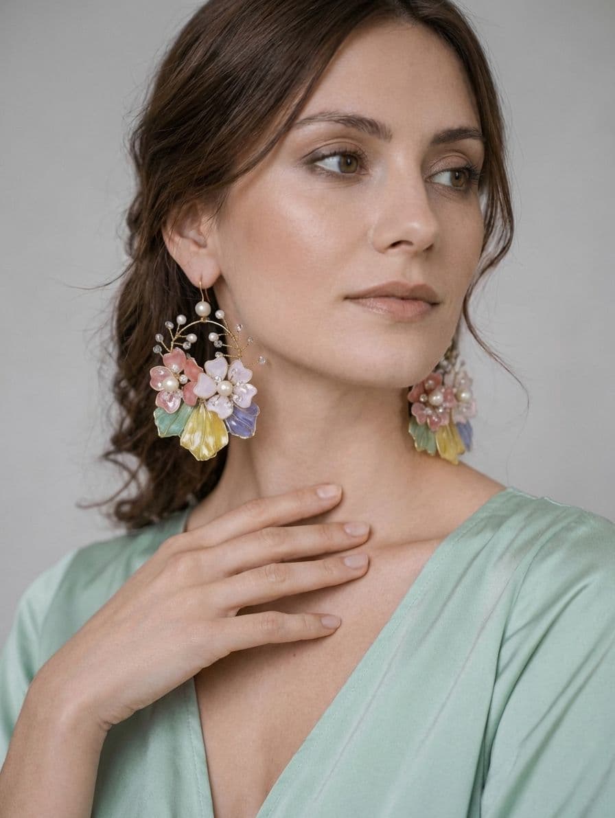 Pastel Multicolor Floral Resin Hoop Earrings with Pearls