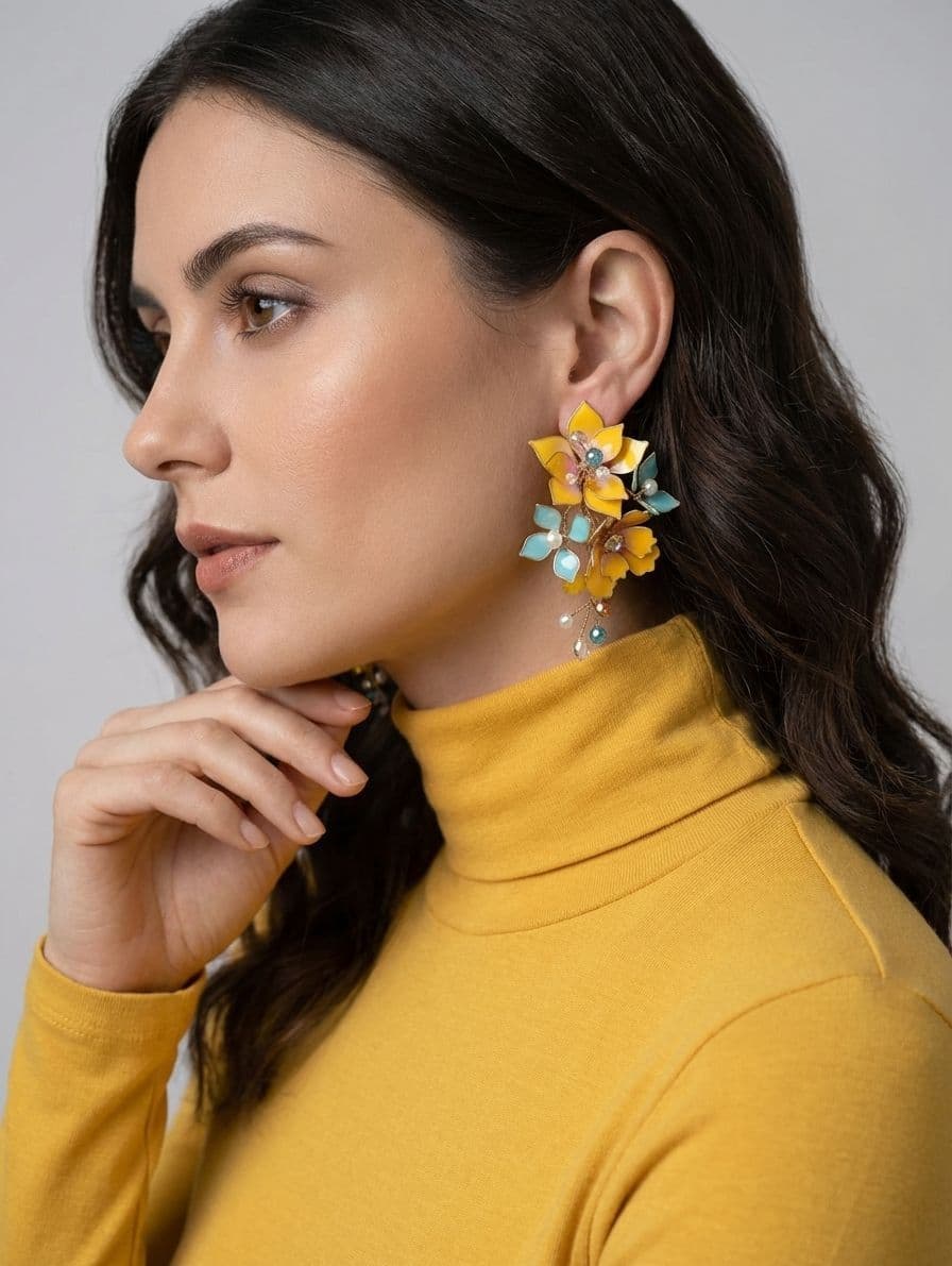 Yellow & Aqua Floral Resin Statement Earrings with Pearls