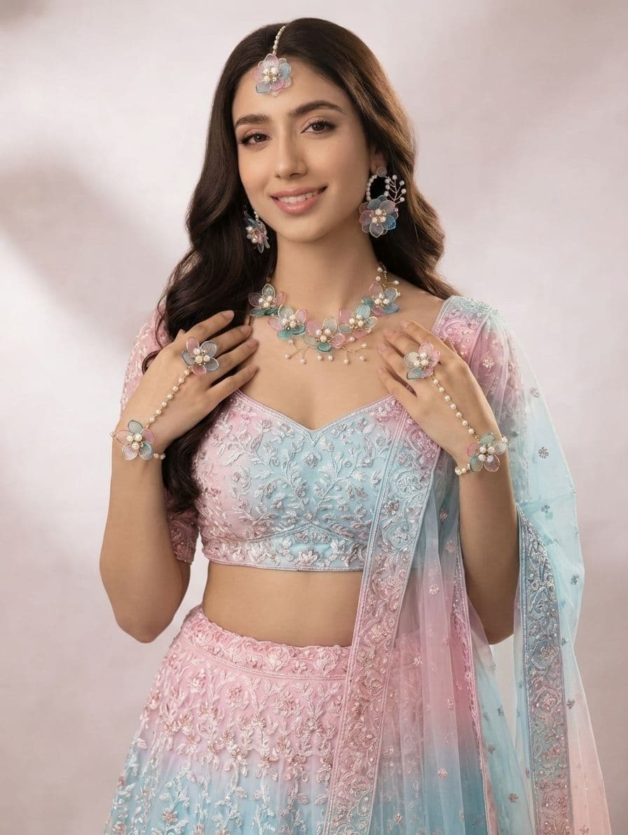Bridal Blossom: Handmade, Gold Plated, Resin Carnival Jewellery Set for Haldi-Mehndi in Powder Blue & Baby Pink