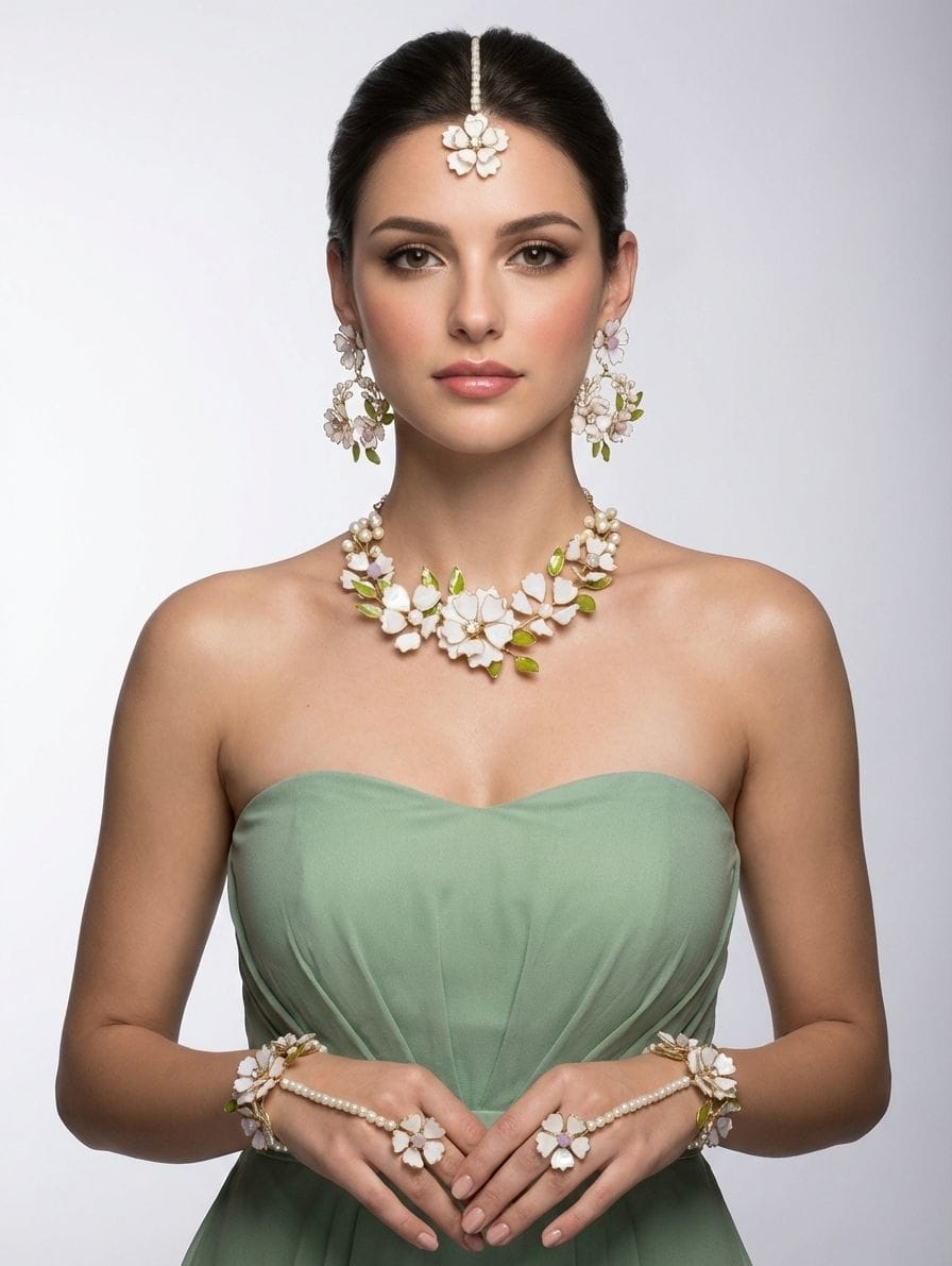 Light Pink and Green Resin Floral Haldi Jewellery Set for Women with Tikka, Earrings and Hathphool