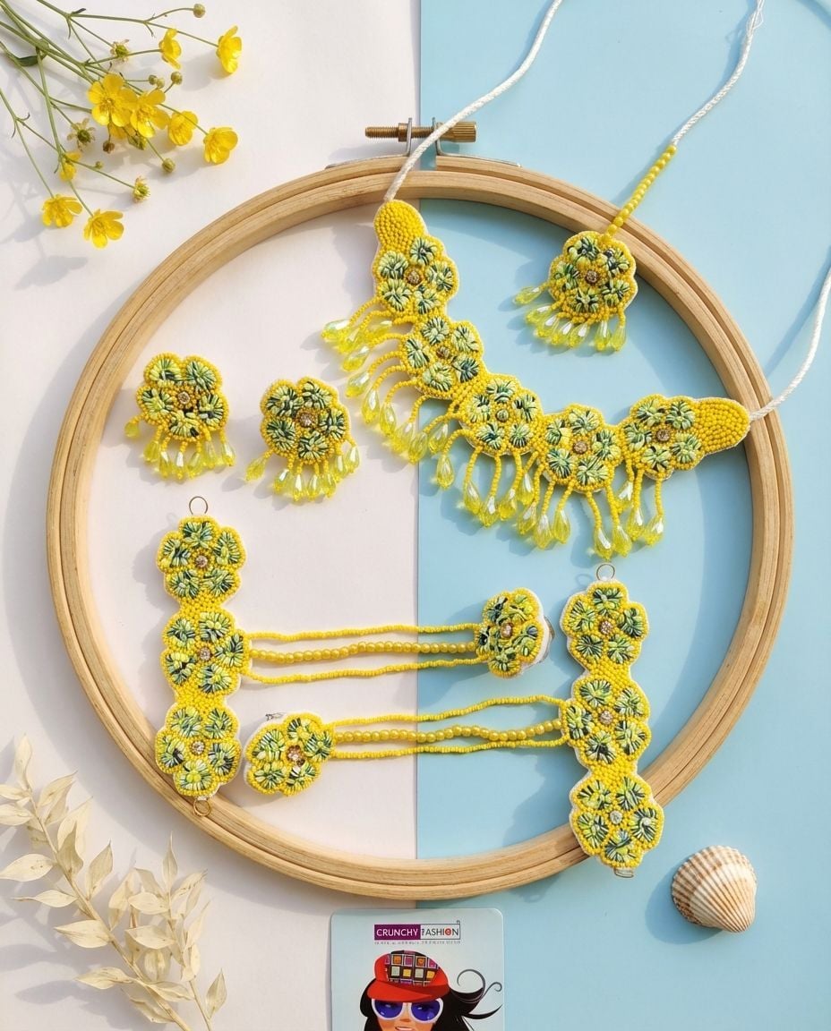 Yellow Floral Kodi Work Jewellery Set For Haldi/Mehndi/Baby Shower