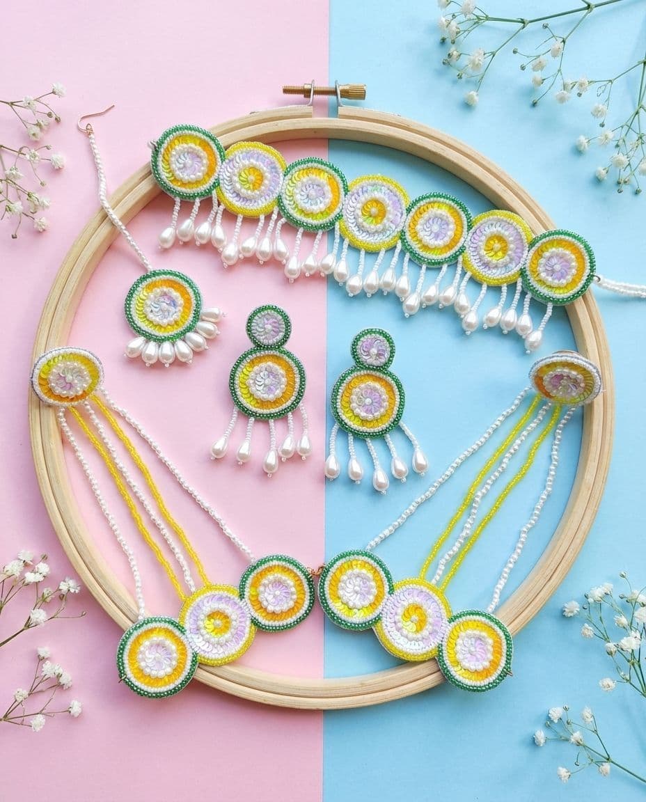 Handmade Yellow-Green Floral Beaded Jewellery Set for Haldi and Mehndi