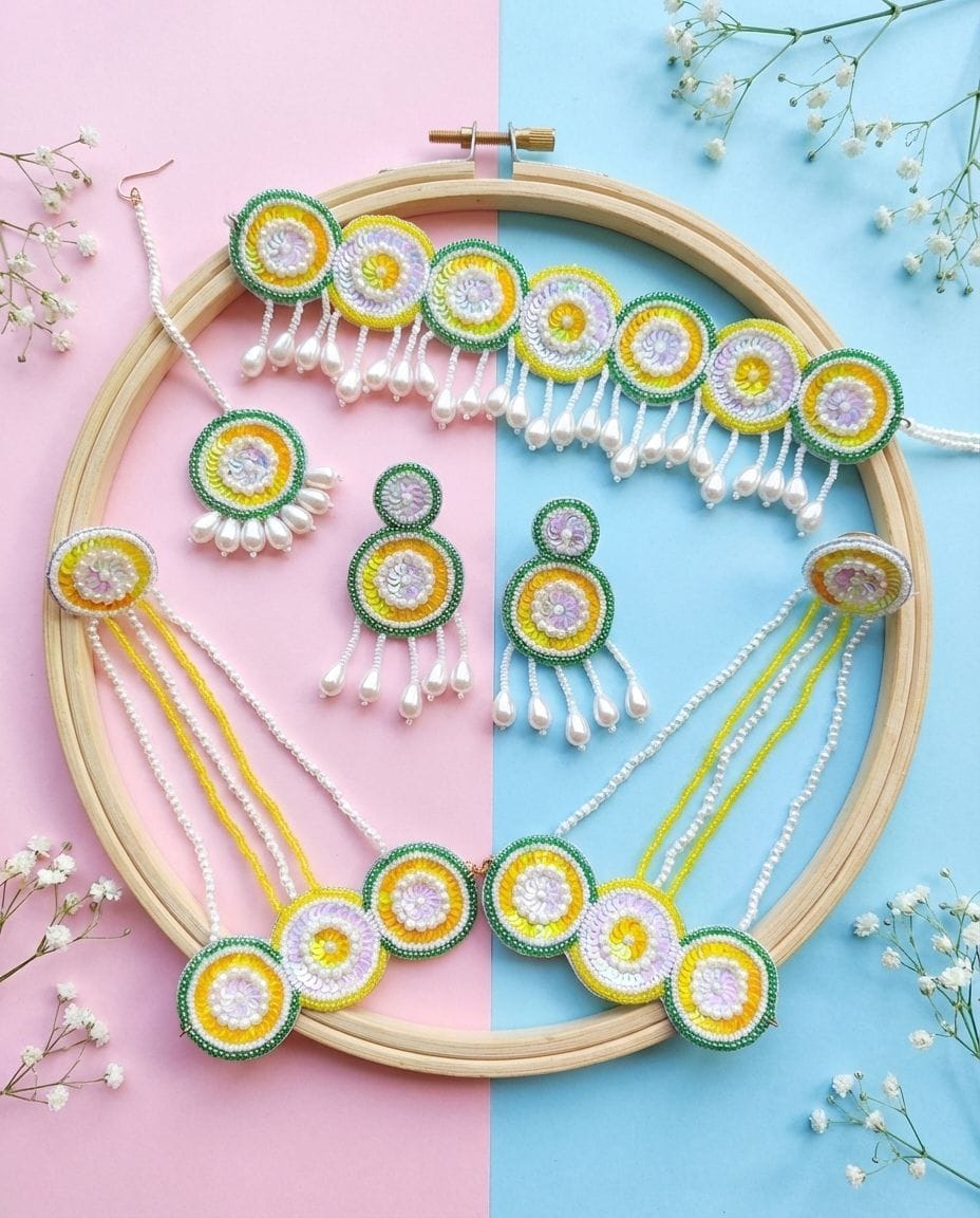 Handmade Yellow-Green Floral Beaded Jewellery Set for Haldi and Mehndi