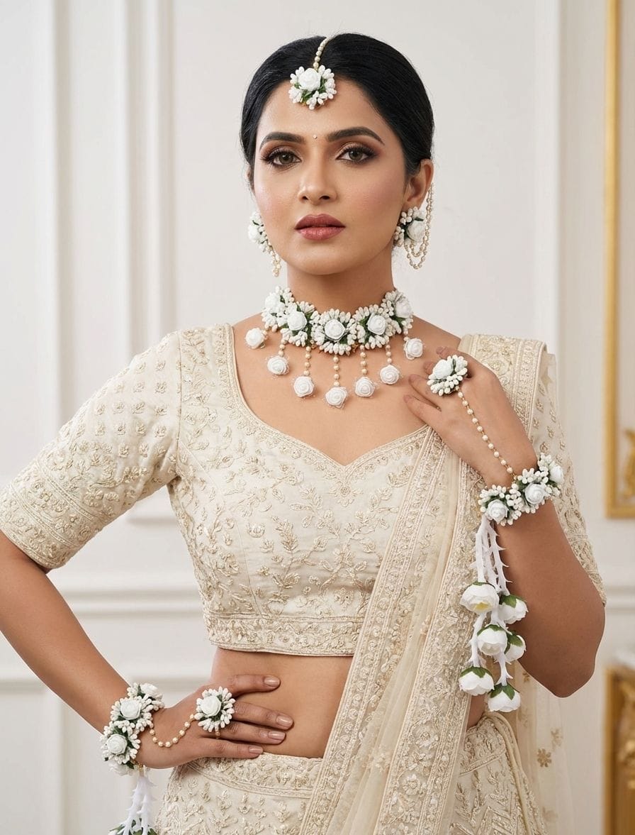 Elegant White Floral Haldi-Mehndi Jewelry Set with Kaliras