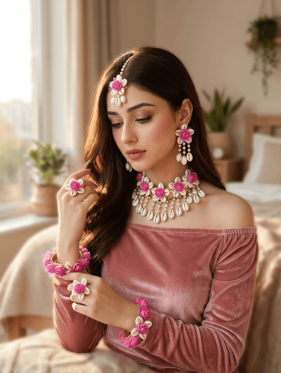 Pink Blossom & Cowrie Shell Haldi Bridal Jewelry Set for Fashionistas